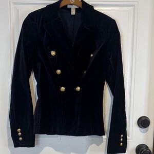 AQUA Navy Blue Velvet Double Breasted Blazer Jacket Gold Buttons Nautical Sz XS